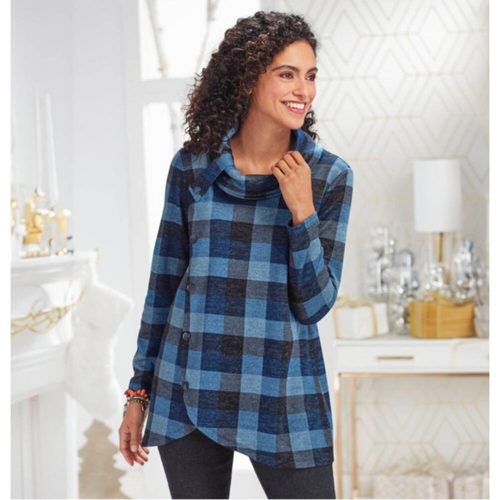 PURE Essence Blue Check Button Detail Cowl Neck Long Sleeve Pullover Top Size 2X